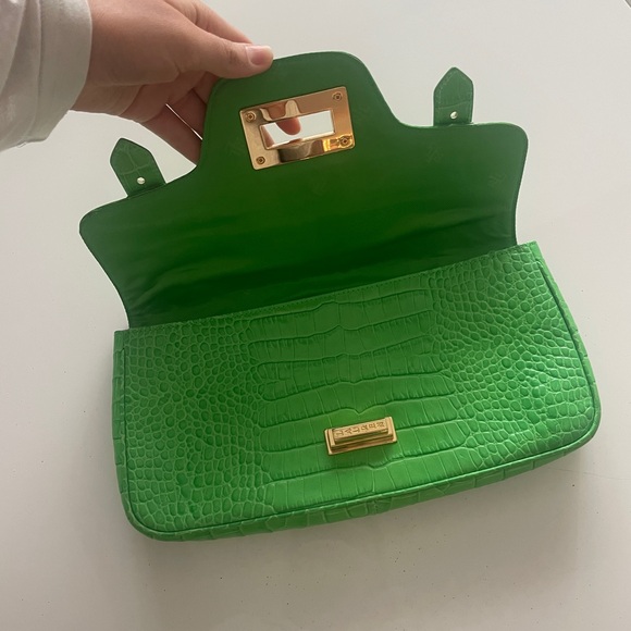 Vintage Lauren Ralph Lauren Green Faux Croc Skin Handbag Gold Toned - Picture 8 of 10